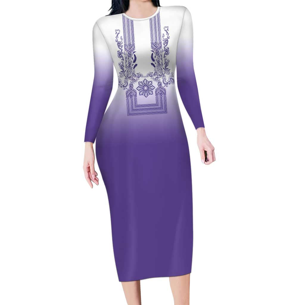 Philippines Barong Style Family Matching Long Sleeve Bodycon Dress and Hawaiian Shirt with Polynesian Art and Leaf Motif Purple Color