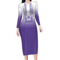 Philippines Barong Style Family Matching Long Sleeve Bodycon Dress and Hawaiian Shirt with Polynesian Art and Leaf Motif Purple Color