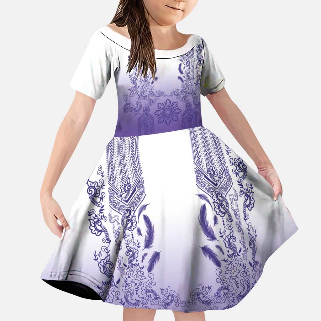 Philippines Barong Style Family Matching Mermaid Dress and Hawaiian Shirt with Polynesian Art and Leaf Motif Purple Color