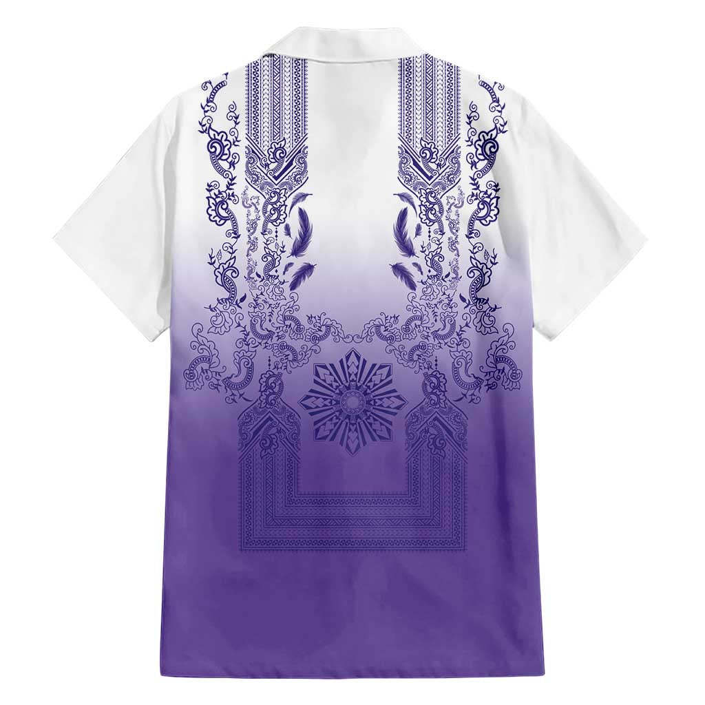 Philippines Barong Style Family Matching Mermaid Dress and Hawaiian Shirt with Polynesian Art and Leaf Motif Purple Color