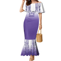 Philippines Barong Style Family Matching Mermaid Dress and Hawaiian Shirt with Polynesian Art and Leaf Motif Purple Color