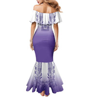 Philippines Barong Style Family Matching Mermaid Dress and Hawaiian Shirt with Polynesian Art and Leaf Motif Purple Color