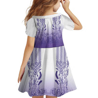 Philippines Barong Style Family Matching Off The Shoulder Long Sleeve Dress and Hawaiian Shirt with Polynesian Art and Leaf Motif Purple Color