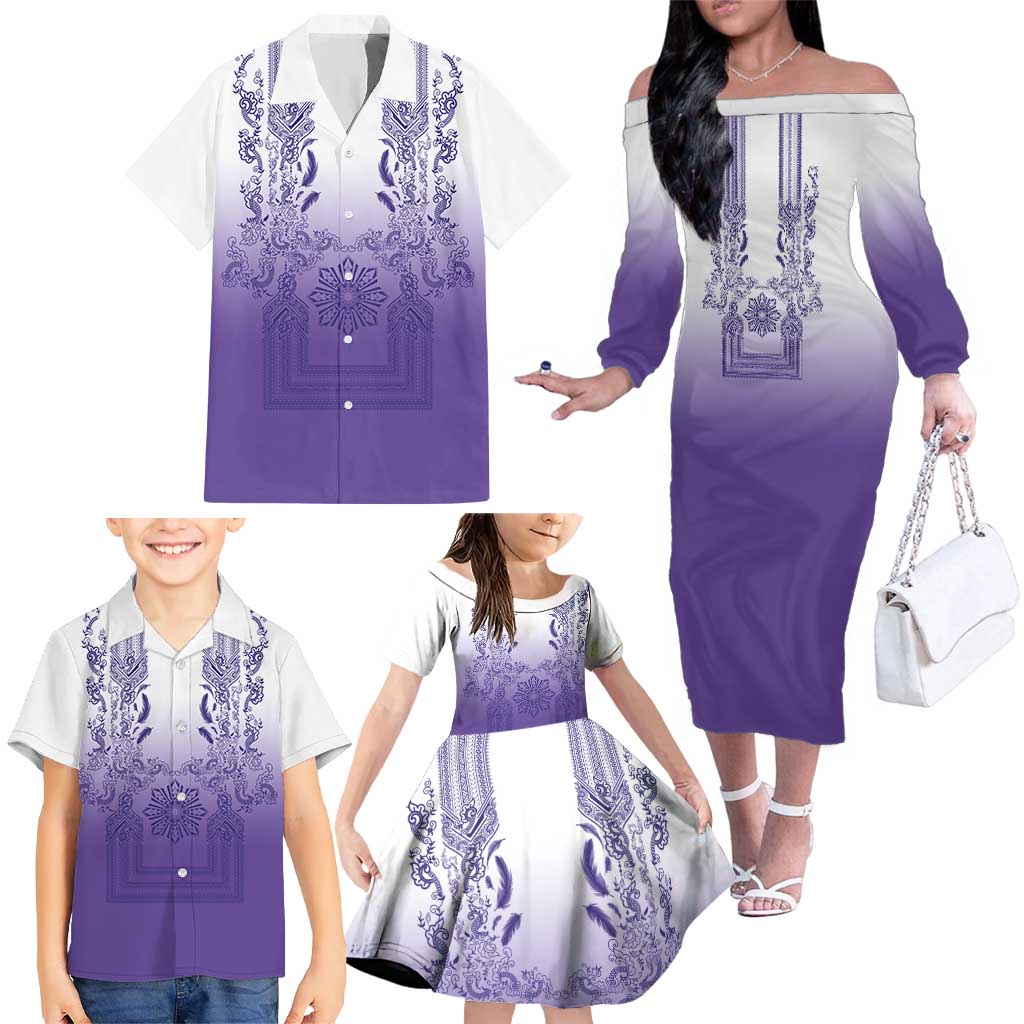 Philippines Barong Style Family Matching Off The Shoulder Long Sleeve Dress and Hawaiian Shirt with Polynesian Art and Leaf Motif Purple Color LT03 - Polynesian Pride