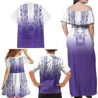 Philippines Barong Style Family Matching Off Shoulder Maxi Dress and Hawaiian Shirt with Polynesian Art and Leaf Motif Purple Color