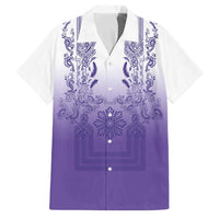 Philippines Barong Style Family Matching Off Shoulder Maxi Dress and Hawaiian Shirt with Polynesian Art and Leaf Motif Purple Color