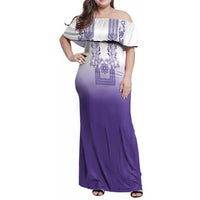 Philippines Barong Style Family Matching Off Shoulder Maxi Dress and Hawaiian Shirt with Polynesian Art and Leaf Motif Purple Color