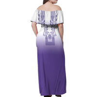 Philippines Barong Style Family Matching Off Shoulder Maxi Dress and Hawaiian Shirt with Polynesian Art and Leaf Motif Purple Color