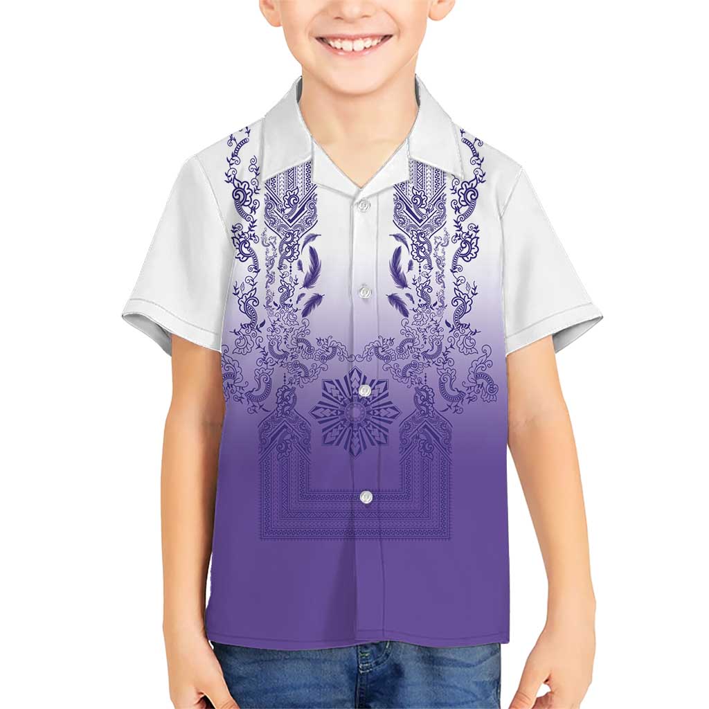 Philippines Barong Style Family Matching Off Shoulder Maxi Dress and Hawaiian Shirt with Polynesian Art and Leaf Motif Purple Color