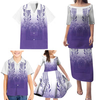 Philippines Barong Style Family Matching Puletasi and Hawaiian Shirt with Polynesian Art and Leaf Motif Purple Color