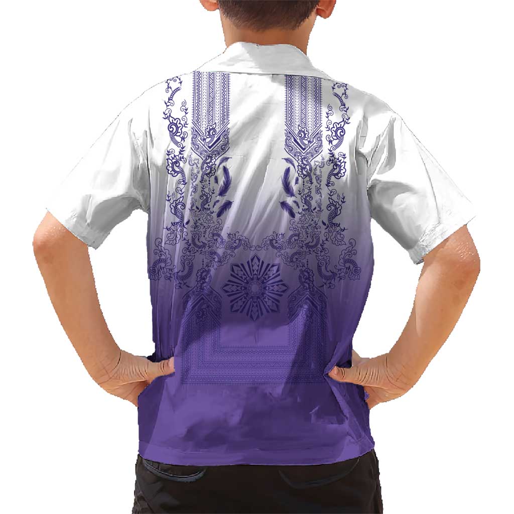 Philippines Barong Style Family Matching Short Sleeve Bodycon Dress and Hawaiian Shirt with Polynesian Art and Leaf Motif Purple Color