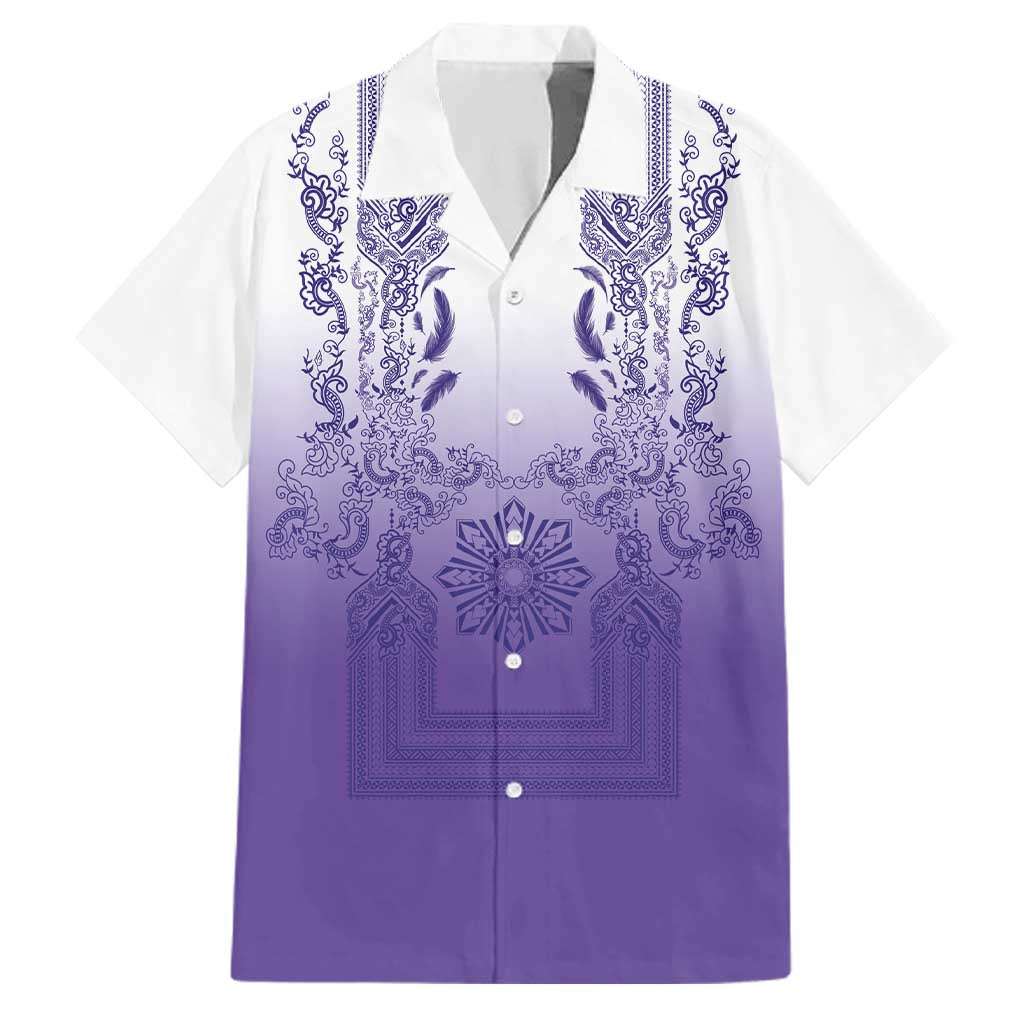 Philippines Barong Style Family Matching Short Sleeve Bodycon Dress and Hawaiian Shirt with Polynesian Art and Leaf Motif Purple Color
