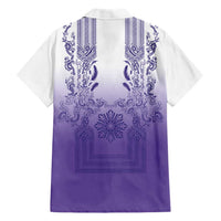 Philippines Barong Style Family Matching Short Sleeve Bodycon Dress and Hawaiian Shirt with Polynesian Art and Leaf Motif Purple Color