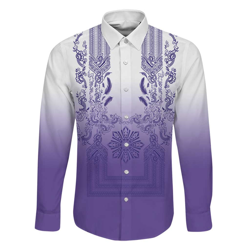 Philippines Barong Style Family Matching Short Sleeve Bodycon Dress and Hawaiian Shirt with Polynesian Art and Leaf Motif Purple Color