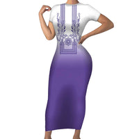 Philippines Barong Style Family Matching Short Sleeve Bodycon Dress and Hawaiian Shirt with Polynesian Art and Leaf Motif Purple Color