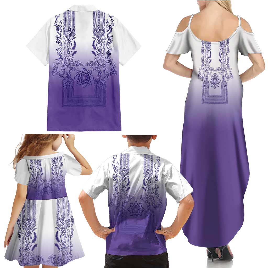 Philippines Barong Style Family Matching Summer Maxi Dress and Hawaiian Shirt with Polynesian Art and Leaf Motif Purple Color