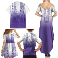 Philippines Barong Style Family Matching Summer Maxi Dress and Hawaiian Shirt with Polynesian Art and Leaf Motif Purple Color