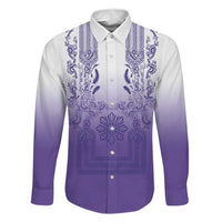 Philippines Barong Style Family Matching Summer Maxi Dress and Hawaiian Shirt with Polynesian Art and Leaf Motif Purple Color