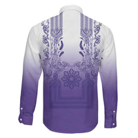 Philippines Barong Style Family Matching Summer Maxi Dress and Hawaiian Shirt with Polynesian Art and Leaf Motif Purple Color