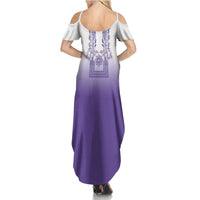 Philippines Barong Style Family Matching Summer Maxi Dress and Hawaiian Shirt with Polynesian Art and Leaf Motif Purple Color