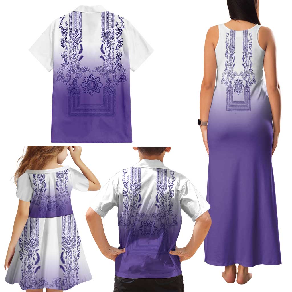 Philippines Barong Style Family Matching Tank Maxi Dress and Hawaiian Shirt with Polynesian Art and Leaf Motif Purple Color