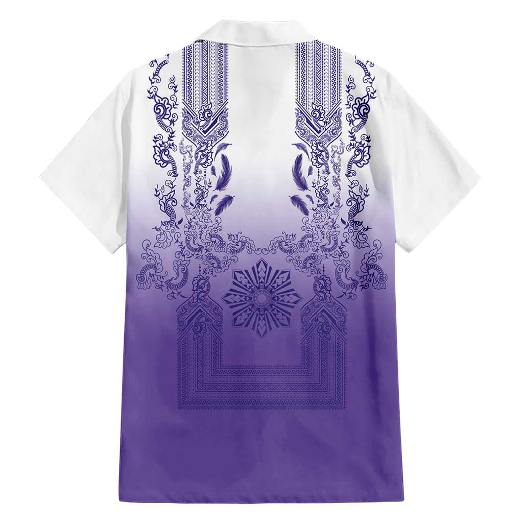 Philippines Barong Style Family Matching Tank Maxi Dress and Hawaiian Shirt with Polynesian Art and Leaf Motif Purple Color