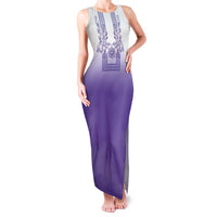 Philippines Barong Style Family Matching Tank Maxi Dress and Hawaiian Shirt with Polynesian Art and Leaf Motif Purple Color
