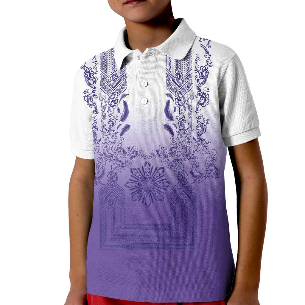 Philippines Barong Style Kid Polo Shirt with Polynesian Art and Leaf Motif Purple Color