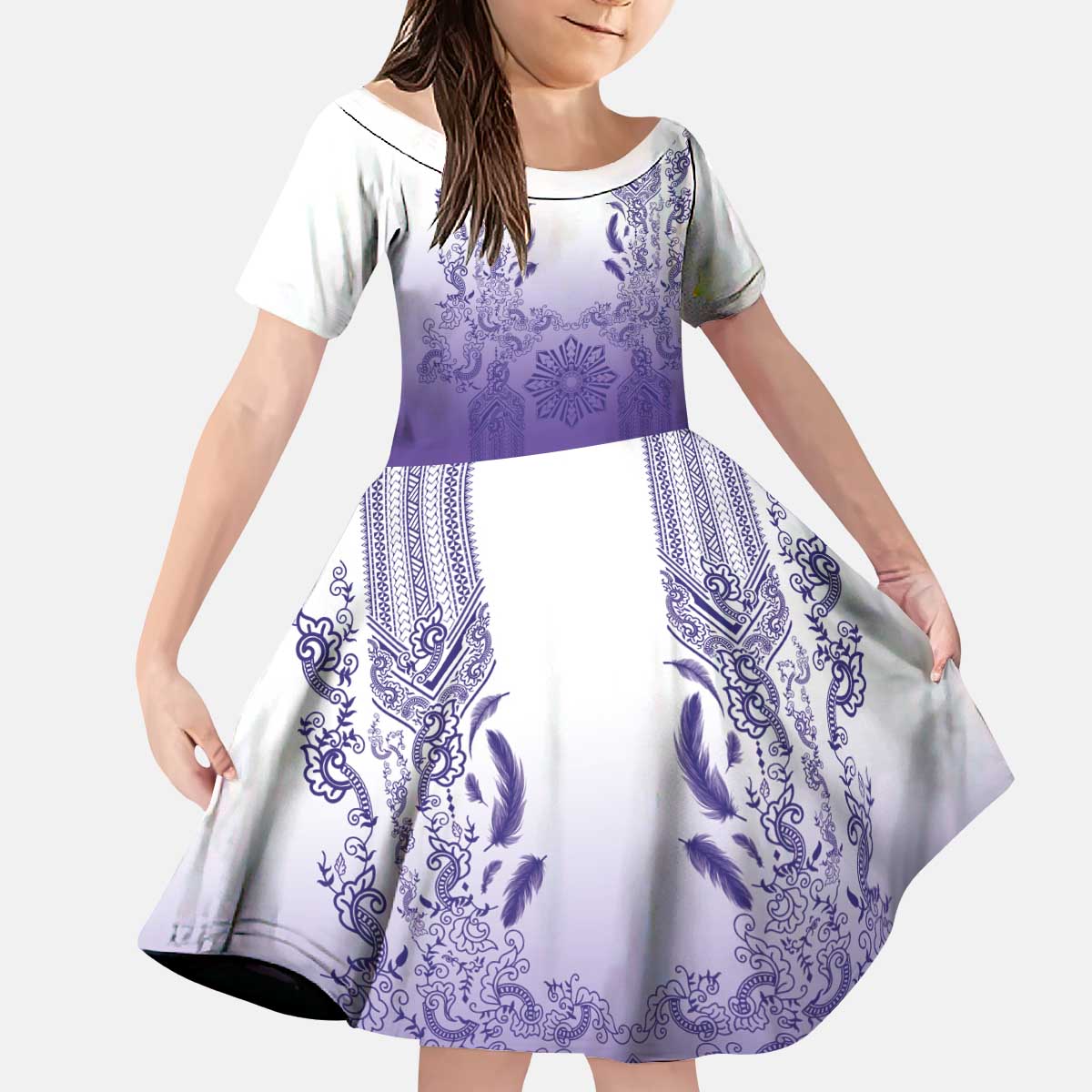 Philippines Barong Style Kid Short Sleeve Dress with Polynesian Art and Leaf Motif Purple Color LT03 KID Purple - Polynesian Pride