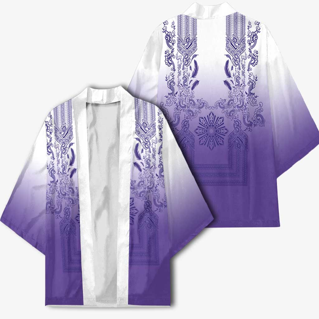Philippines Barong Style Kimono with Polynesian Art and Leaf Motif Purple Color