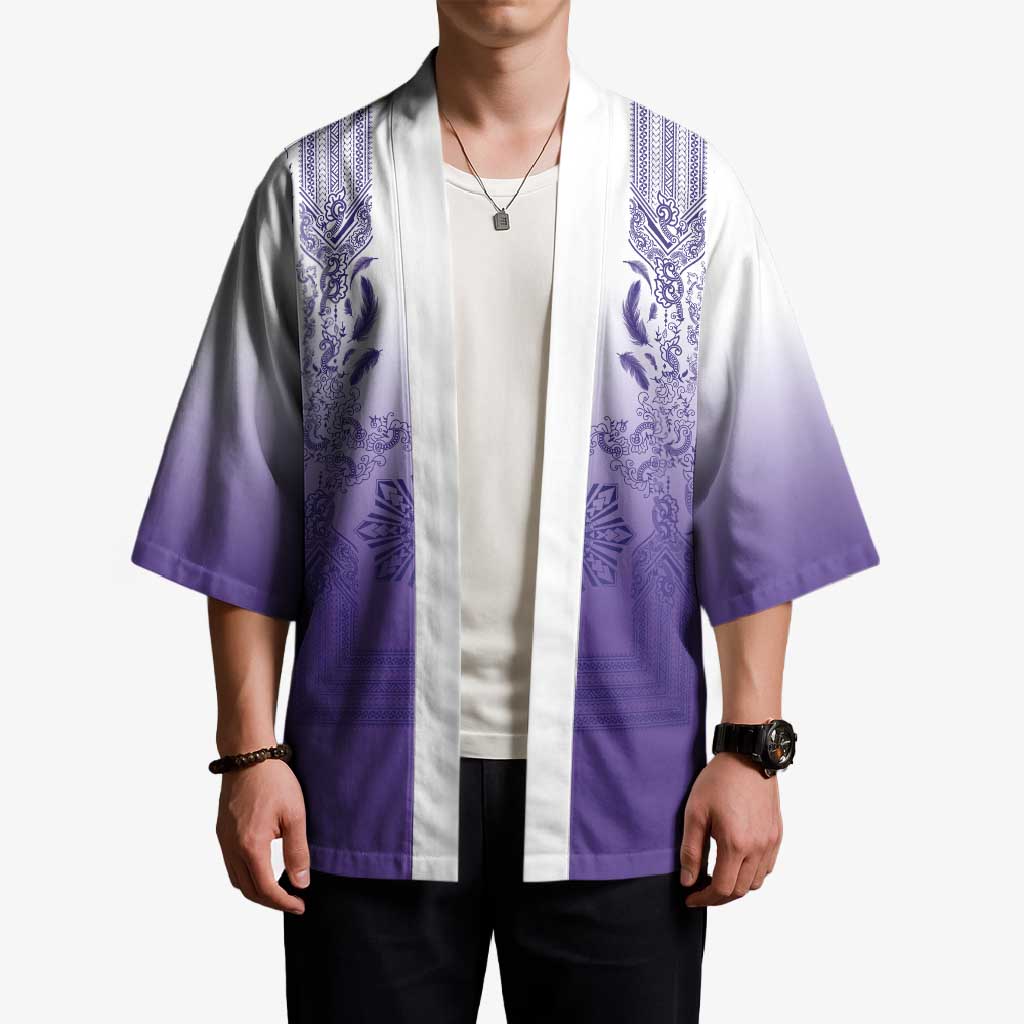 Philippines Barong Style Kimono with Polynesian Art and Leaf Motif Purple Color