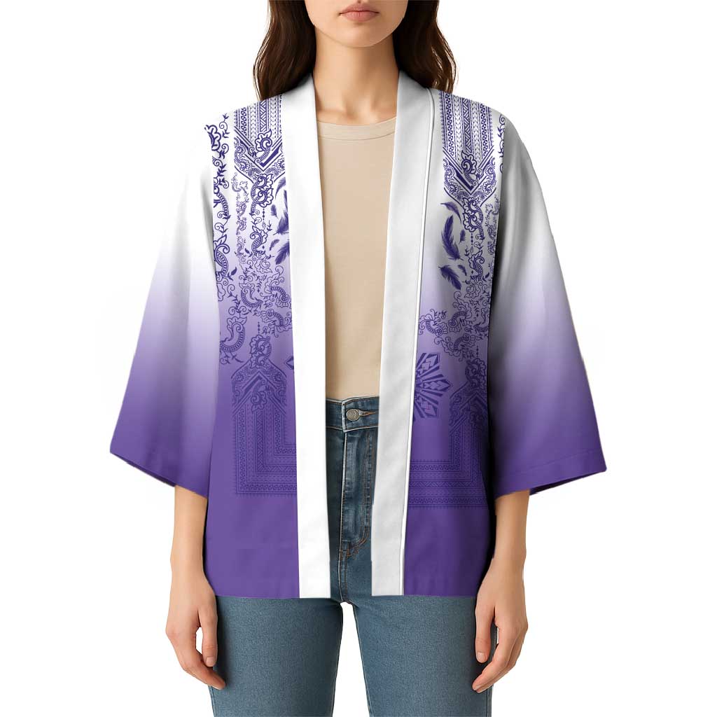 Philippines Barong Style Kimono with Polynesian Art and Leaf Motif Purple Color