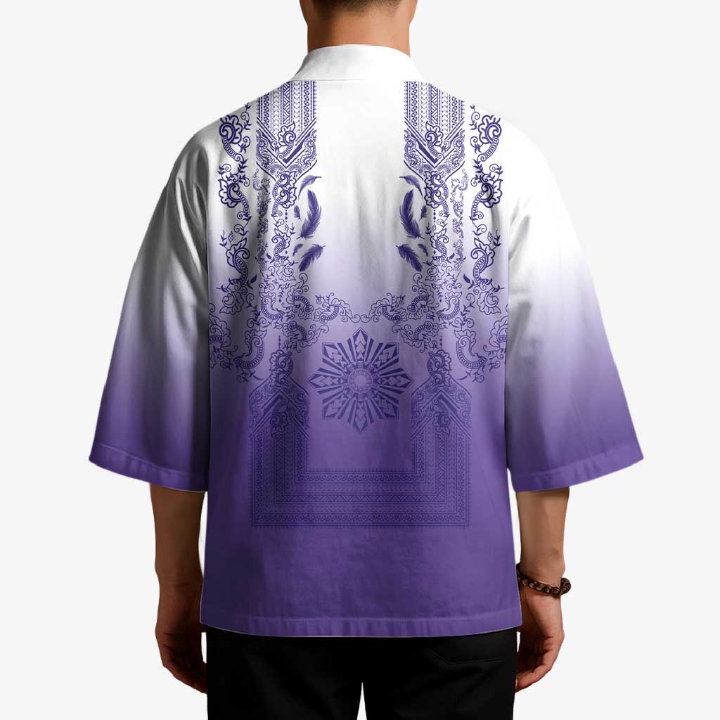 Philippines Barong Style Kimono with Polynesian Art and Leaf Motif Purple Color