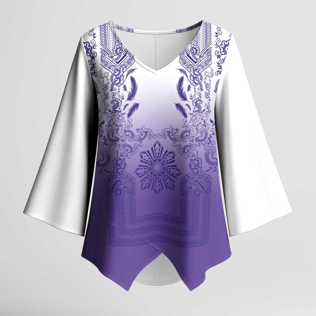 Philippines Barong Style Kimono Sleeve Blouse with Polynesian Art and Leaf Motif Purple Color LT03 Female Purple - Polynesian Pride