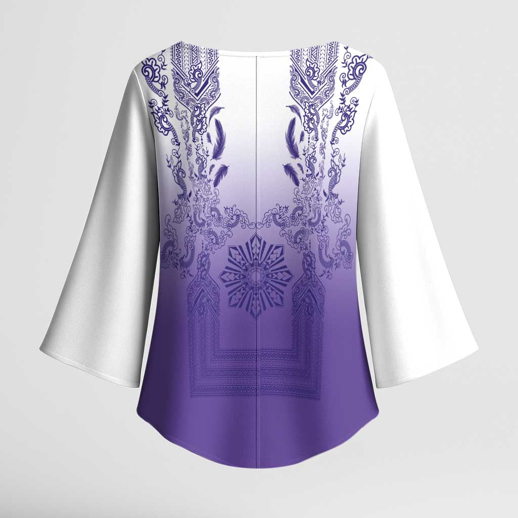 Philippines Barong Style Kimono Sleeve Blouse with Polynesian Art and Leaf Motif Purple Color LT03 - Polynesian Pride