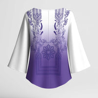 Philippines Barong Style Kimono Sleeve Blouse with Polynesian Art and Leaf Motif Purple Color LT03 - Polynesian Pride