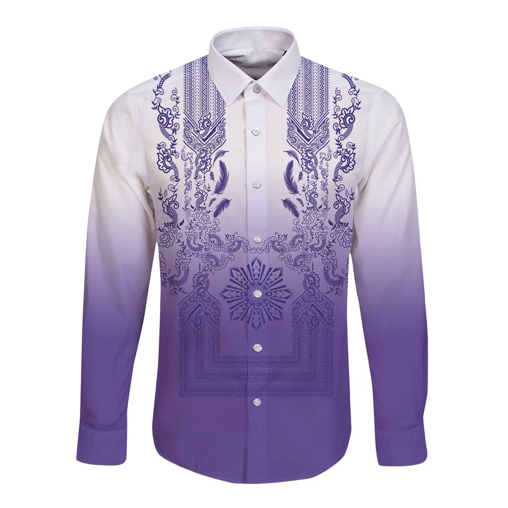 Philippines Barong Style Long Sleeve Button Shirt with Polynesian Art and Leaf Motif Purple Color