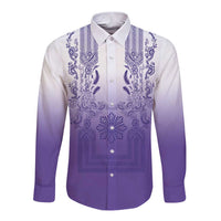 Philippines Barong Style Long Sleeve Button Shirt with Polynesian Art and Leaf Motif Purple Color LT03 Unisex Purple - Polynesian Pride