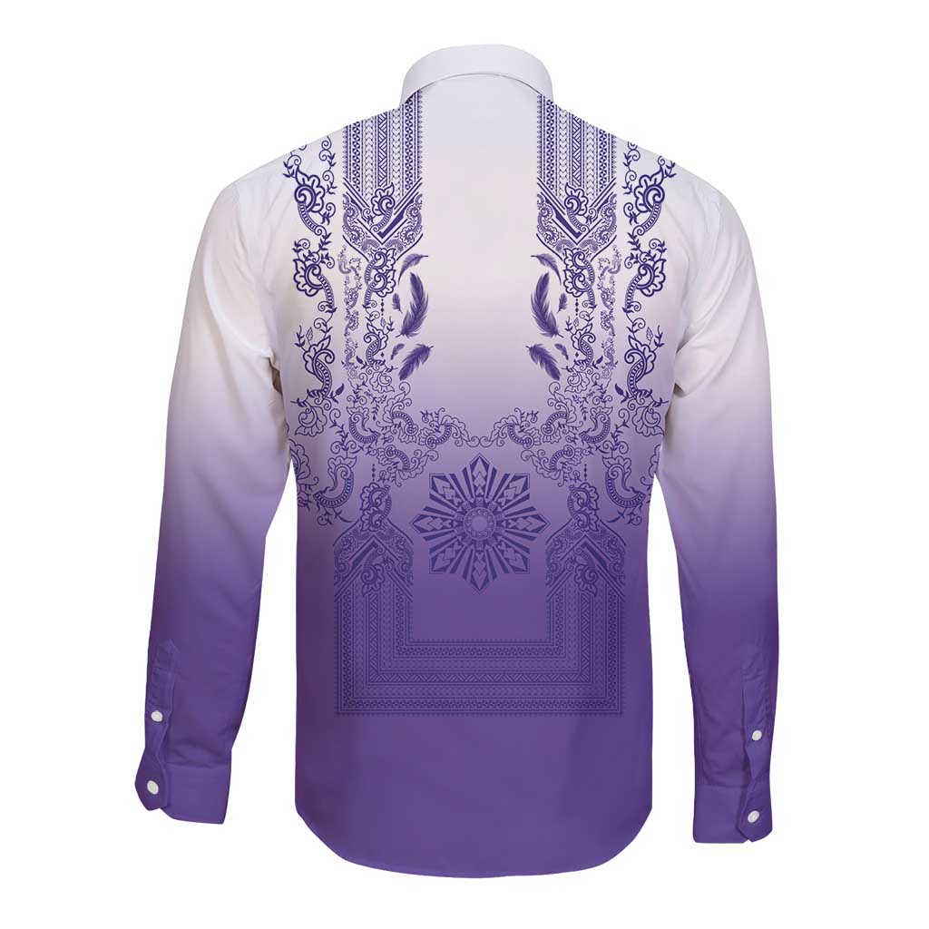Philippines Barong Style Long Sleeve Button Shirt with Polynesian Art and Leaf Motif Purple Color LT03 - Polynesian Pride