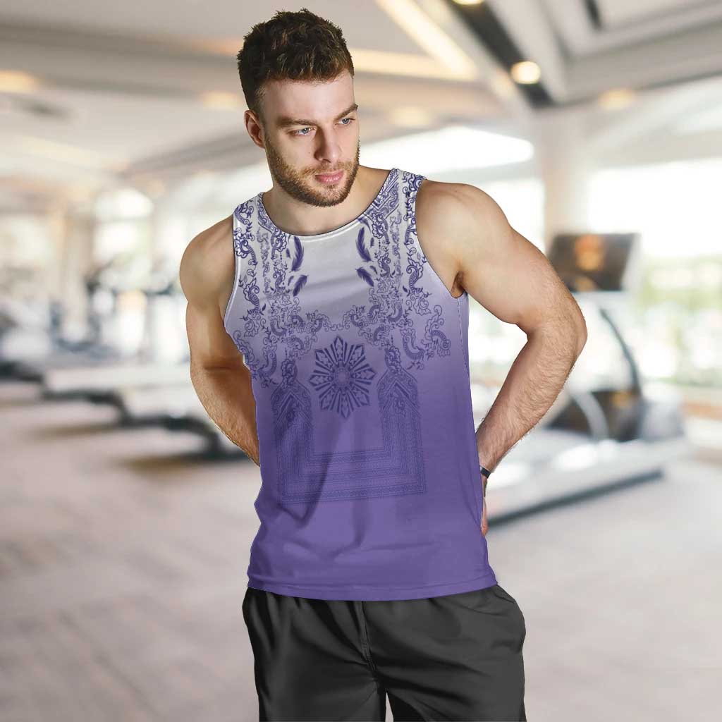 Philippines Barong Style Men Tank Top with Polynesian Art and Leaf Motif Purple Color LT03 Purple - Polynesian Pride