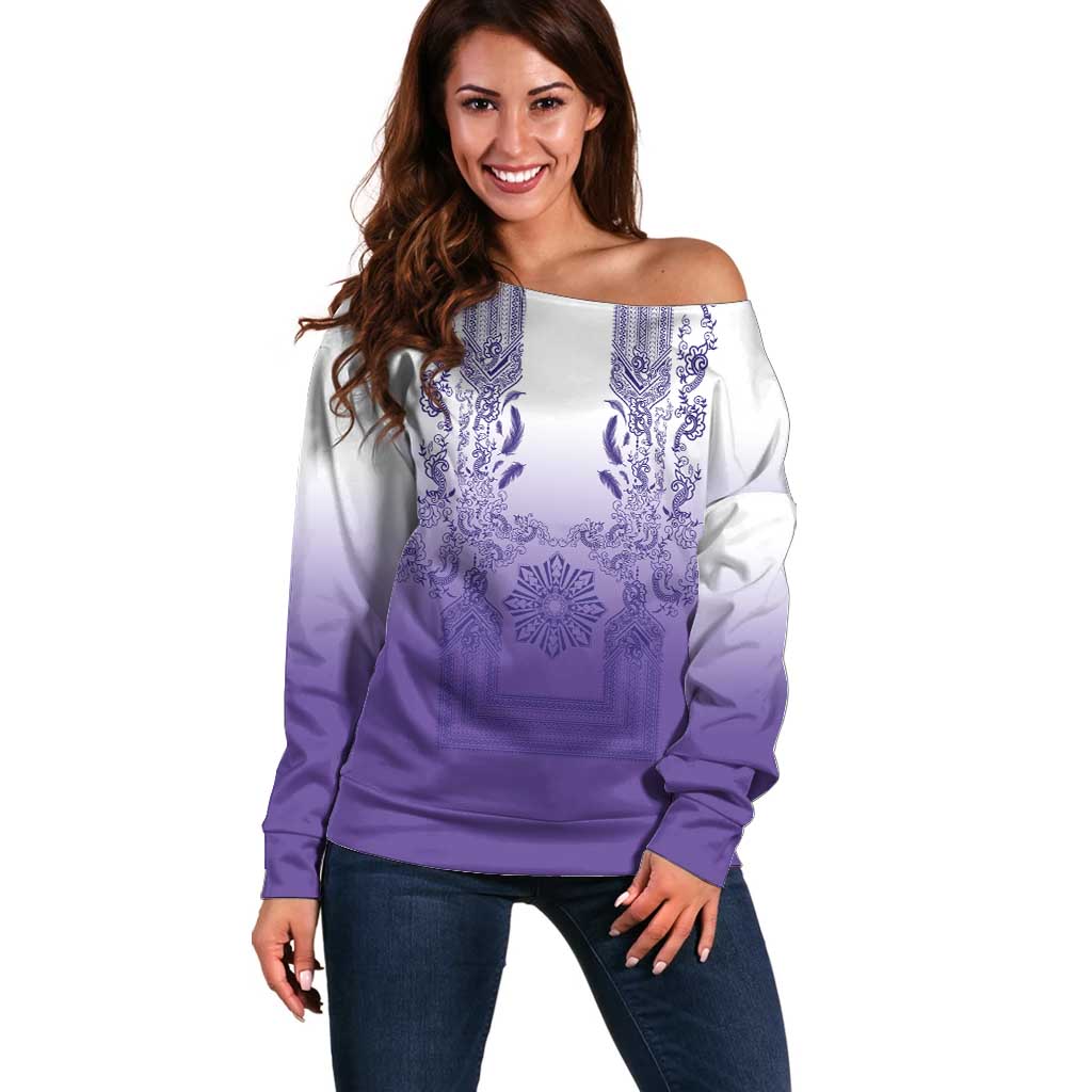 Philippines Barong Style Off Shoulder Sweater with Polynesian Art and Leaf Motif Purple Color LT03 Women Purple - Polynesian Pride