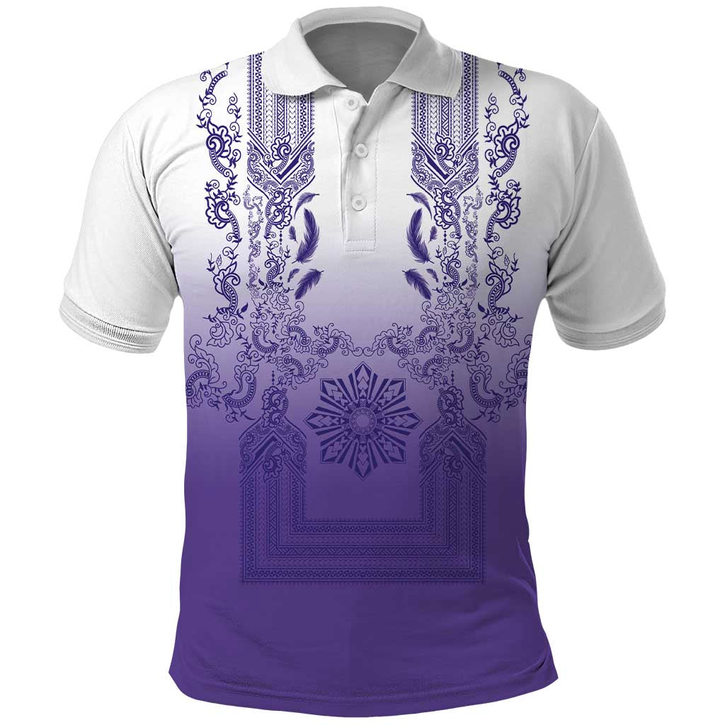 Philippines Barong Style Polo Shirt with Polynesian Art and Leaf Motif Purple Color