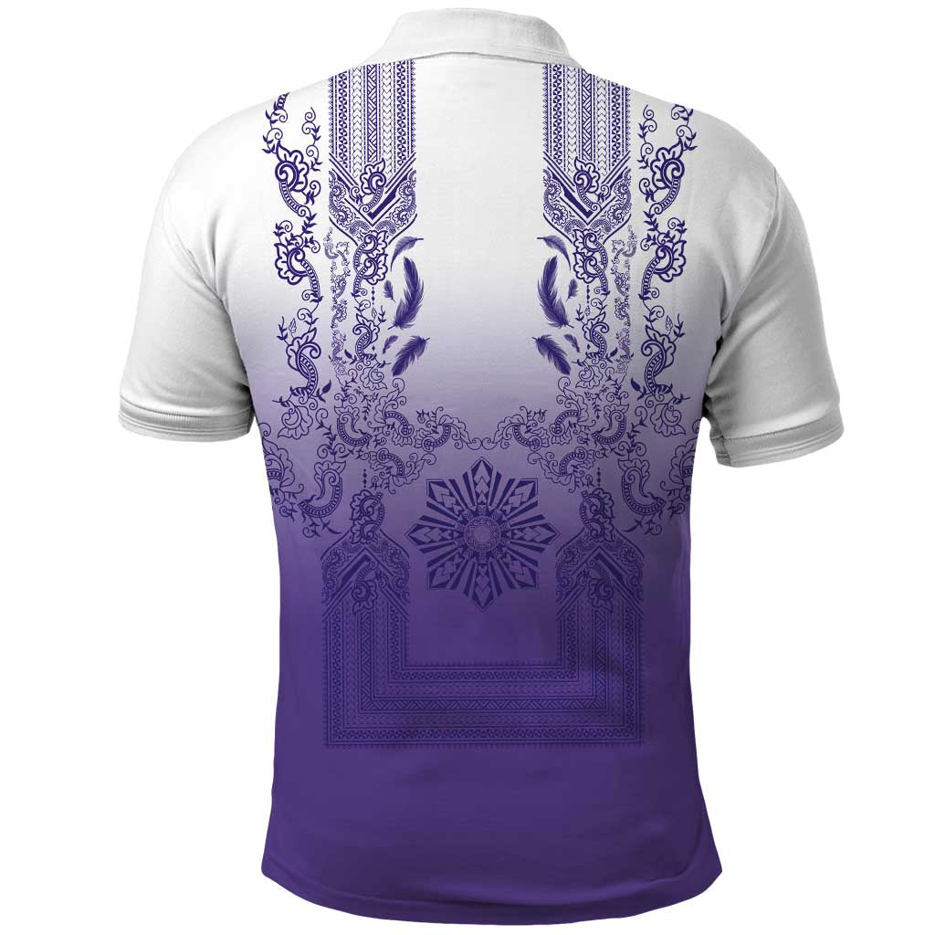 Philippines Barong Style Polo Shirt with Polynesian Art and Leaf Motif Purple Color