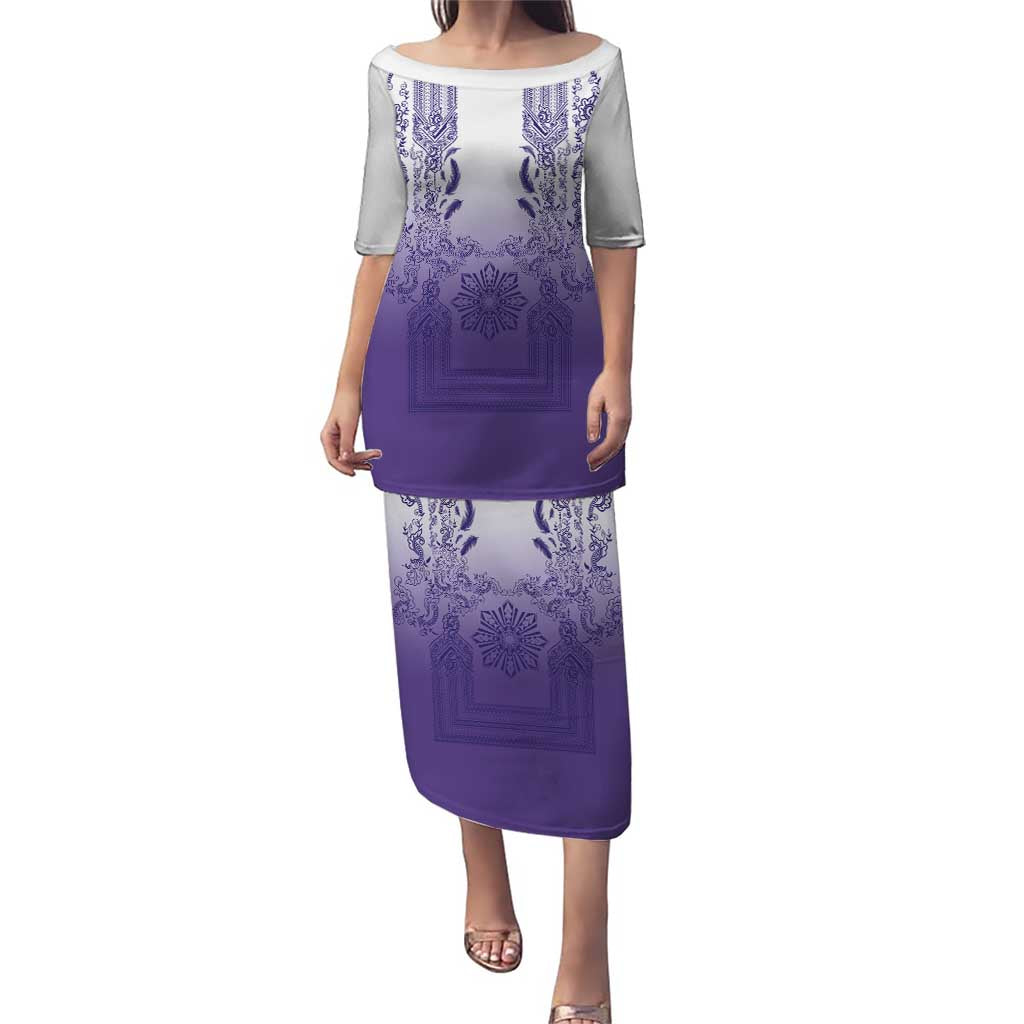 Philippines Barong Style Puletasi with Polynesian Art and Leaf Motif Purple Color