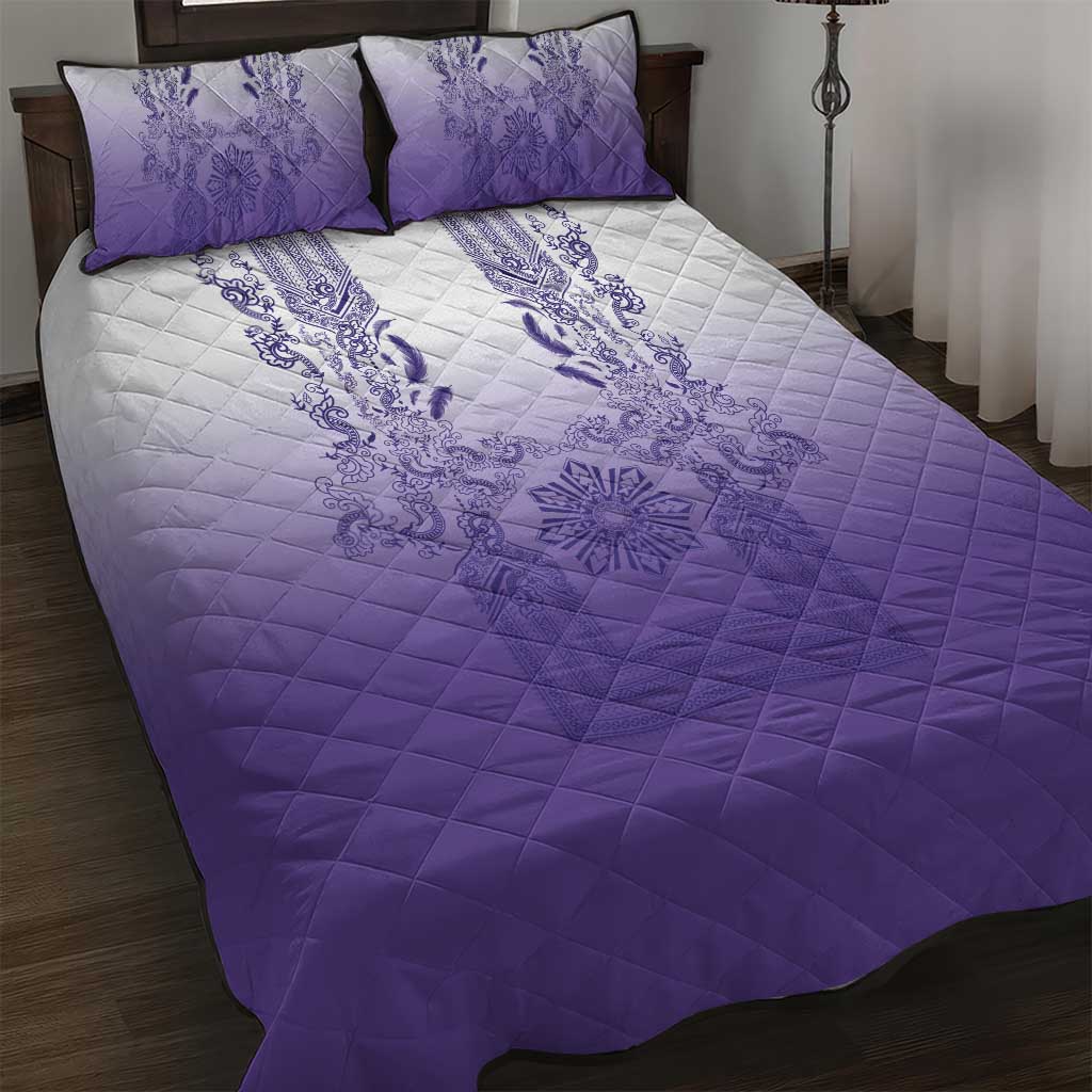 Philippines Barong Style Quilt Bed Set with Polynesian Art and Leaf Motif Purple Color