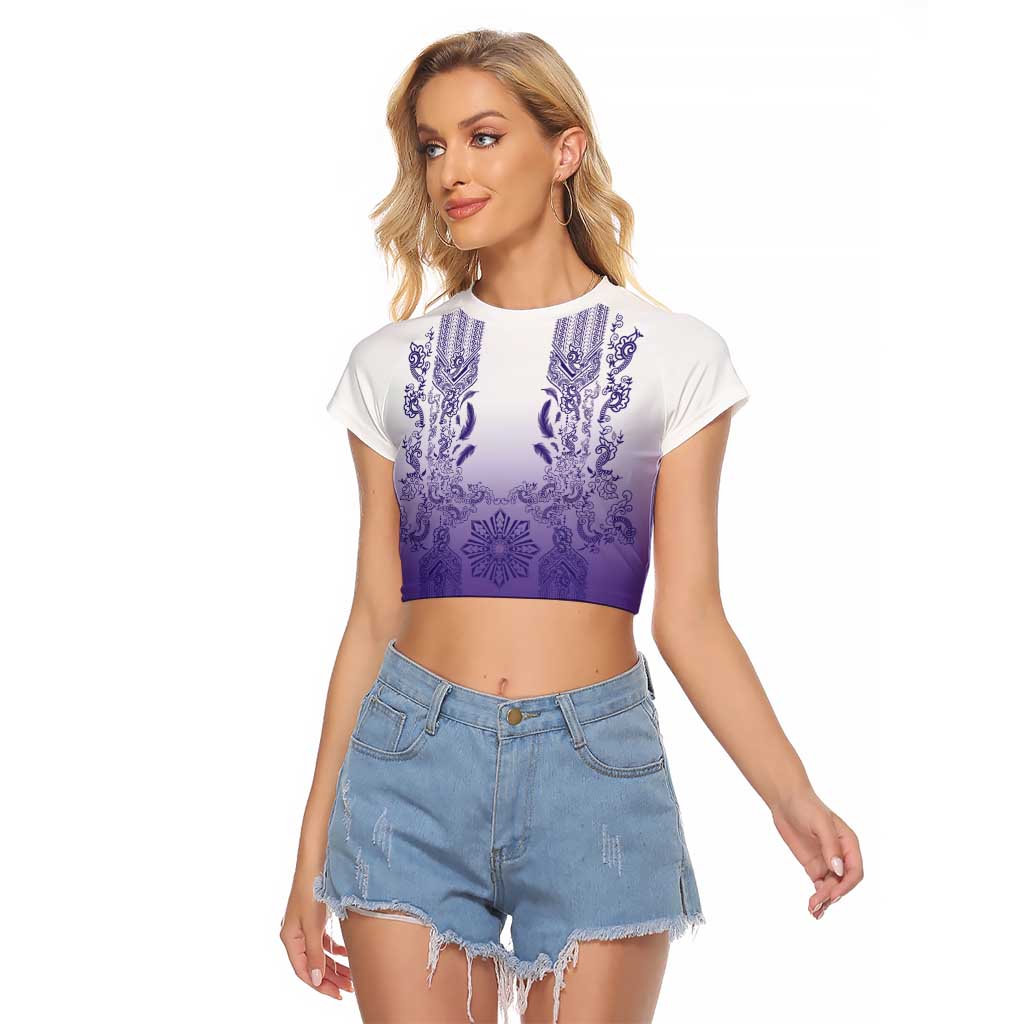 Philippines Barong Style Raglan Cropped T Shirt with Polynesian Art and Leaf Motif Purple Color