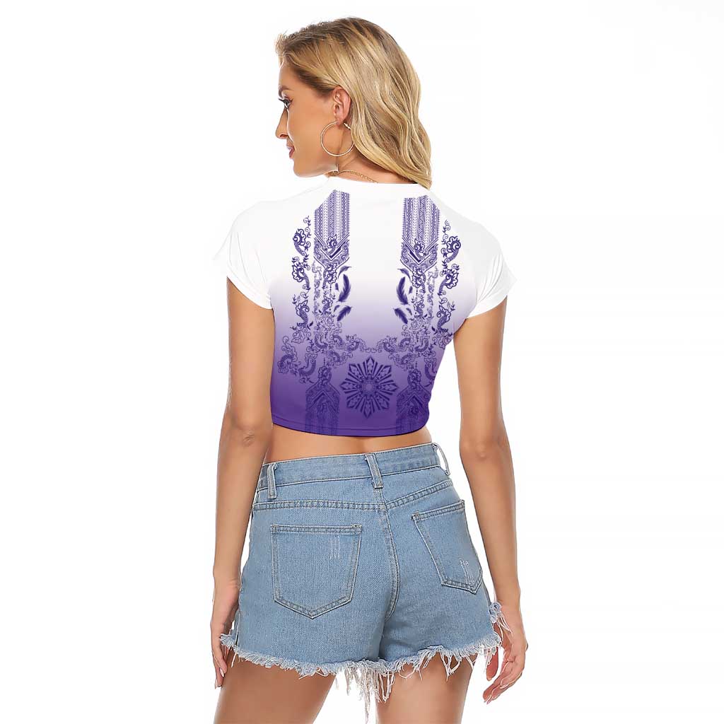 Philippines Barong Style Raglan Cropped T Shirt with Polynesian Art and Leaf Motif Purple Color