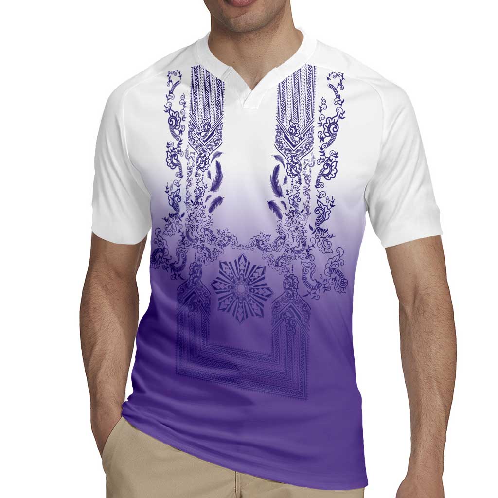 Philippines Barong Style Rugby Jersey with Polynesian Art and Leaf Motif Purple Color