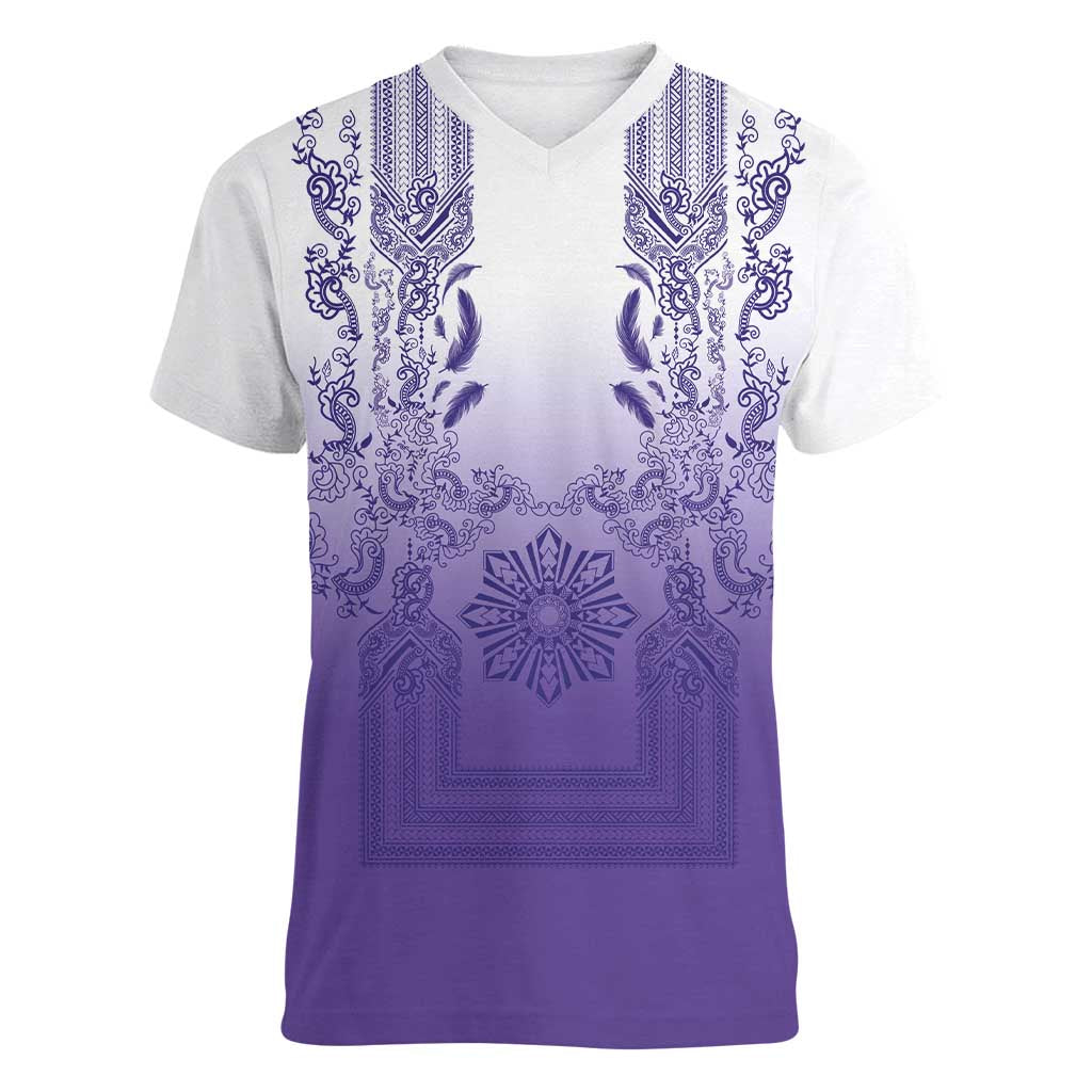 Philippines Barong Style Women V-Neck T-Shirt with Polynesian Art and Leaf Motif Purple Color LT03 Female Purple - Polynesian Pride