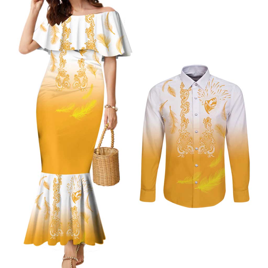 Philippines National Costume Style Couples Matching Mermaid Dress and Long Sleeve Button Shirt Barong Tagalog and Eagle Feather Yellow Color